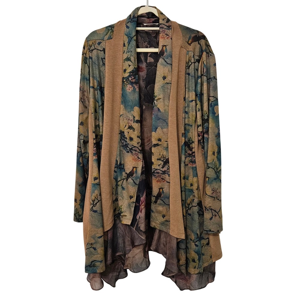 Soft Surroundings Bird Floral Mixed Media Open Cardigan SBZ08 Tan 3X Boho Earthy
